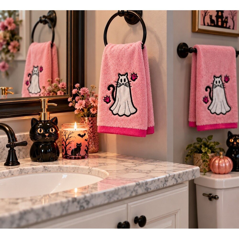 Betsey Johnson Halloween Ghost Kitty Cat Pink Hand Towels 2PC Set NWT 🐈⬛🎀👻💕